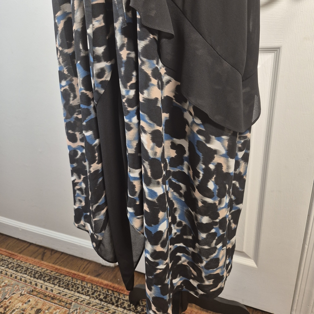 Rachel Roy XL Elegant Black Blue Animal Mixed Print Wrap Dress Ruffle Midi - Picture 6 of 8